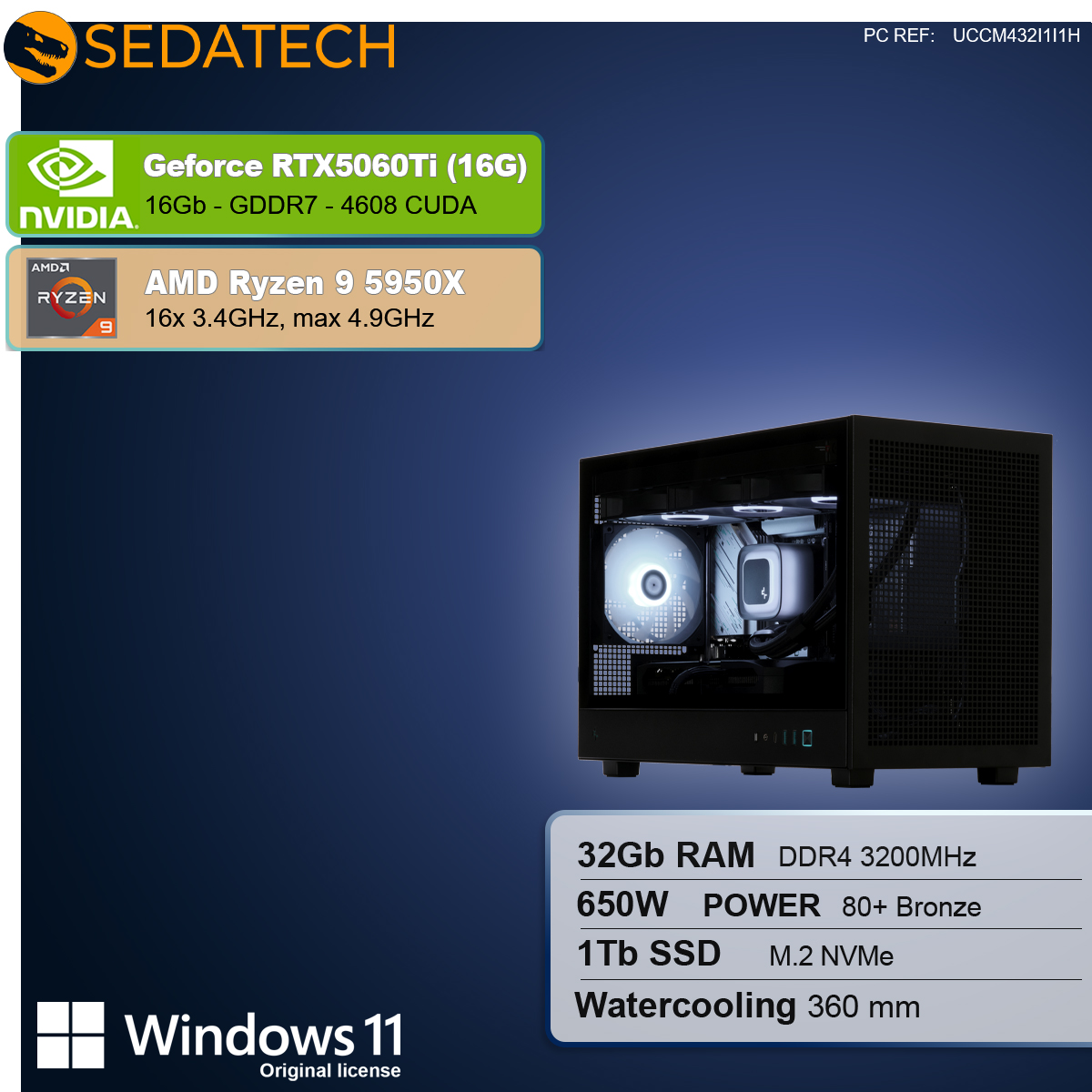 Un case per computer con componenti illuminati. Le specifiche includono RTX 5060Ti, Ryzen 9, 32 GB RAM, 650 W, 1 TB SSD e Windows 11.