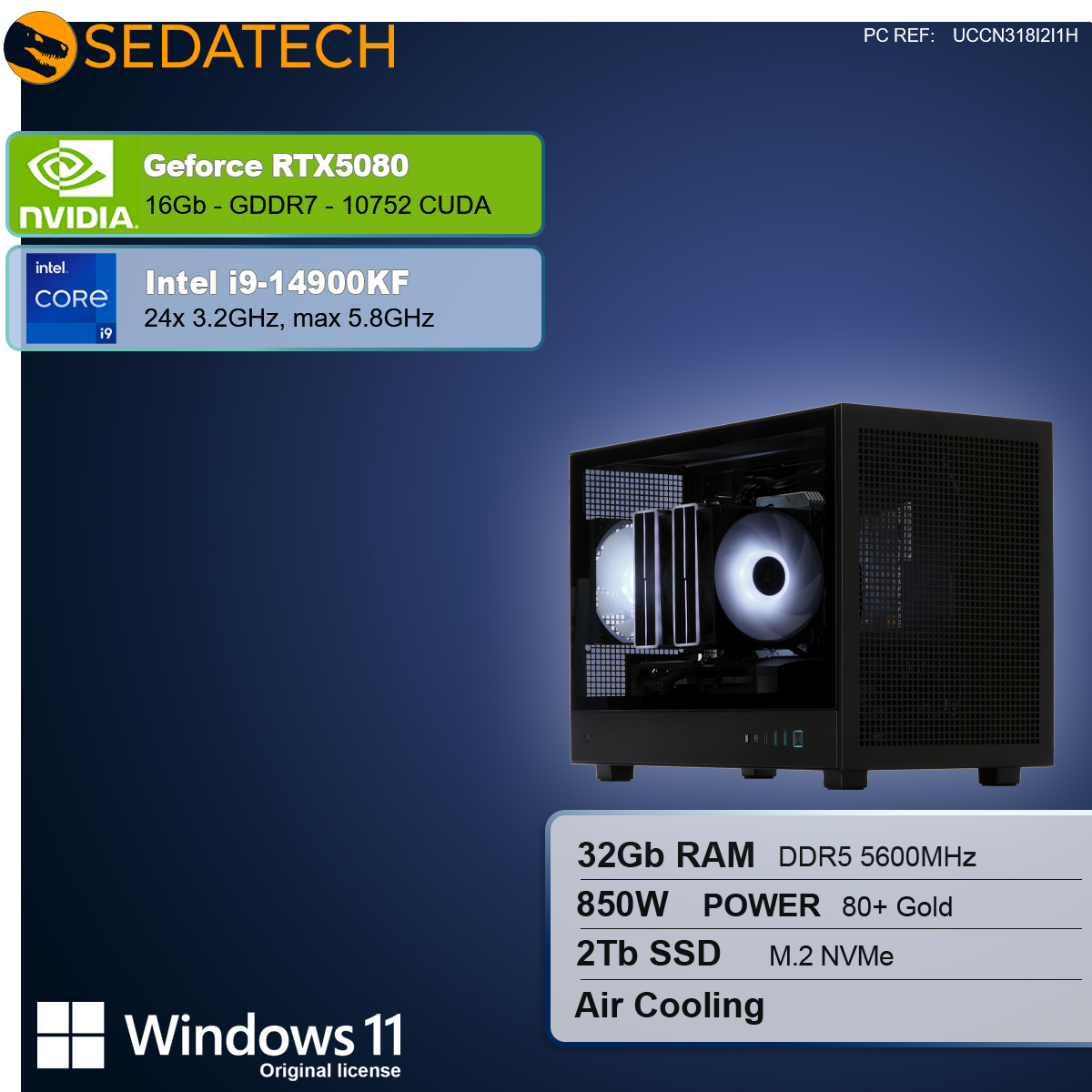 Un case per computer con componenti elencati, tra cui GeForce RTX5080, Intel i9-14900KF, 32GB RAM, 2TB SSD e Windows 11.