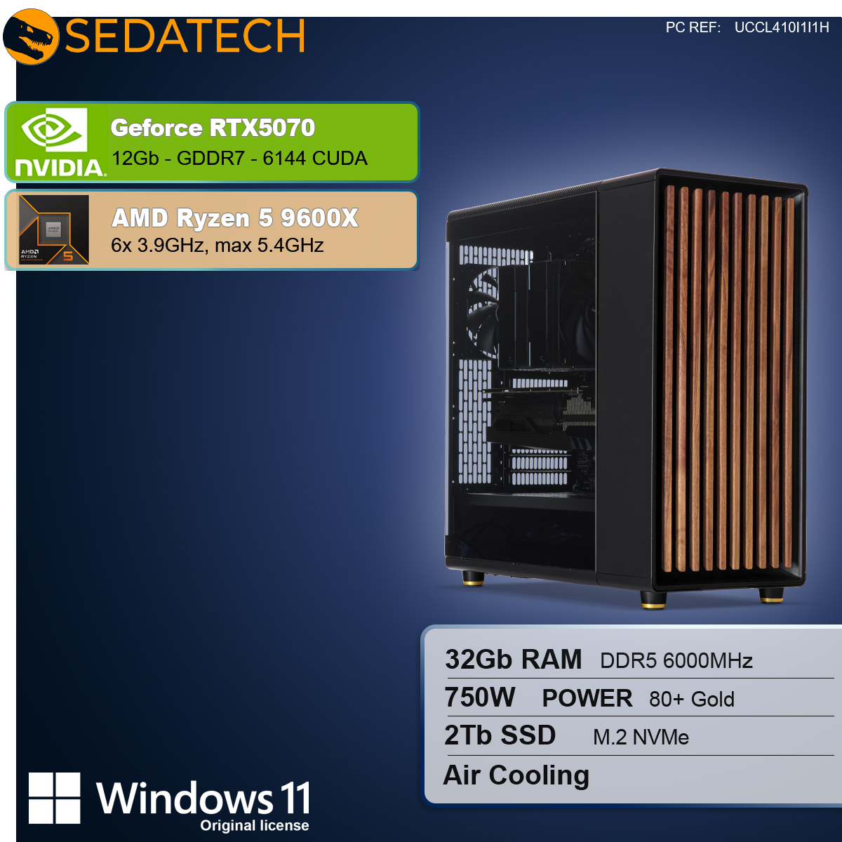 Un case per computer con dettagli in legno. Le specifiche includono RTX 5070, Ryzen 5 9600X, 32GB RAM, 2TB SSD e Windows 11.