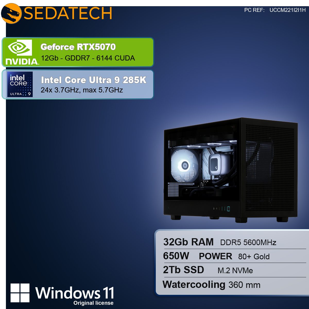 Czarna obudowa komputera z podświetlonymi komponentami. Specyfikacje obejmują RTX5070, Intel Core Ultra 9, 32 GB RAM, zasilanie 650 W i dysk SSD 2 TB.
