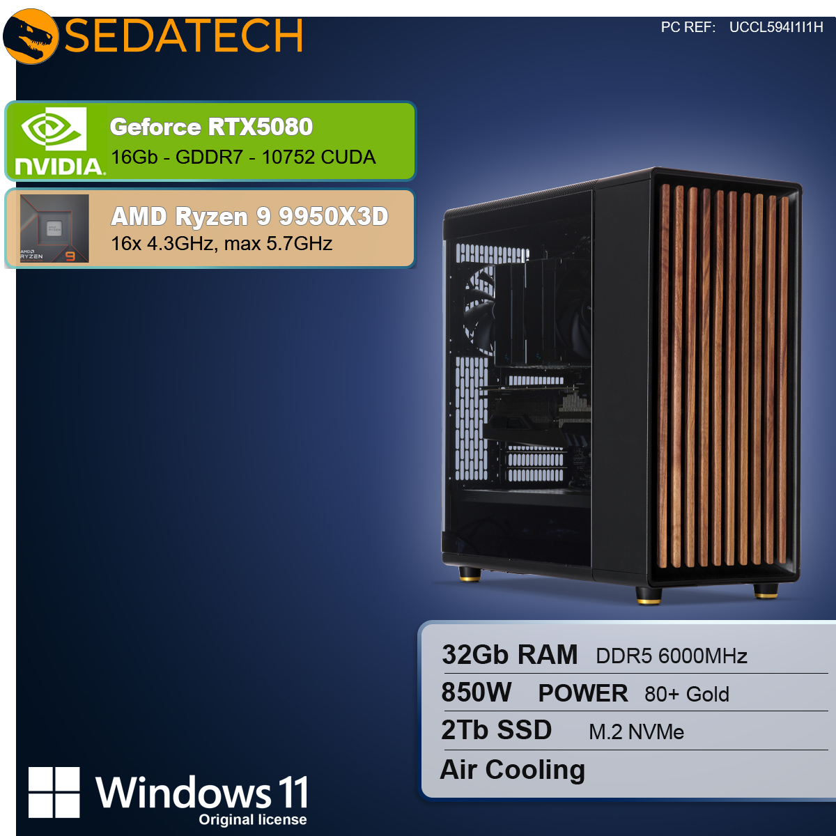 Un case per computer con pannello frontale in legno, componenti: RTX5080, Ryzen 9, 32GB RAM, 2TB SSD e Windows 11.