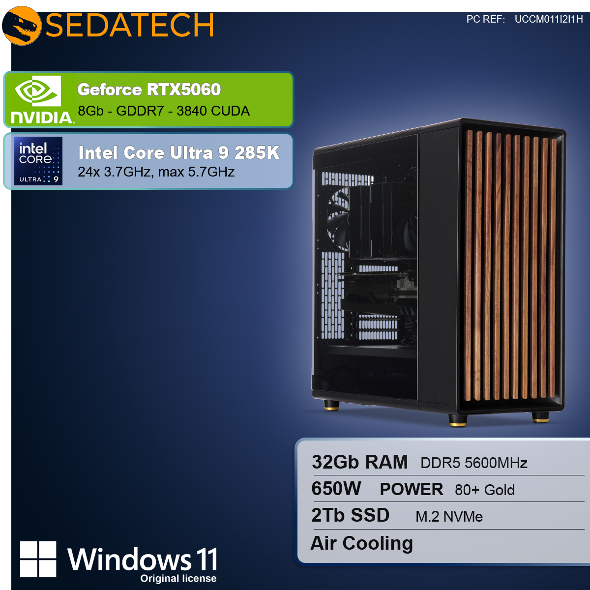 Obudowa komputera z drewnianymi panelami przednimi, logo Nvidia i Intel oraz specyfikacje: RTX5060, Intel Core Ultra 9, 32 GB RAM, 2 TB SSD i Windows 11.