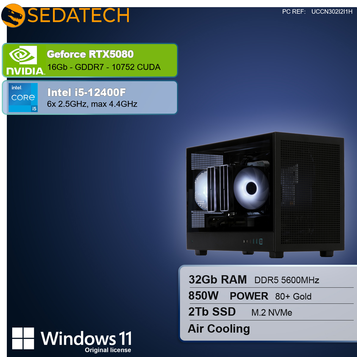 Wyświetlono obudowę komputera z komponentami wewnętrznymi. Tekst szczegółowo opisuje specyfikacje: RTX 5080, i5-12400F, 32 GB RAM, 2 TB SSD i Windows 11.