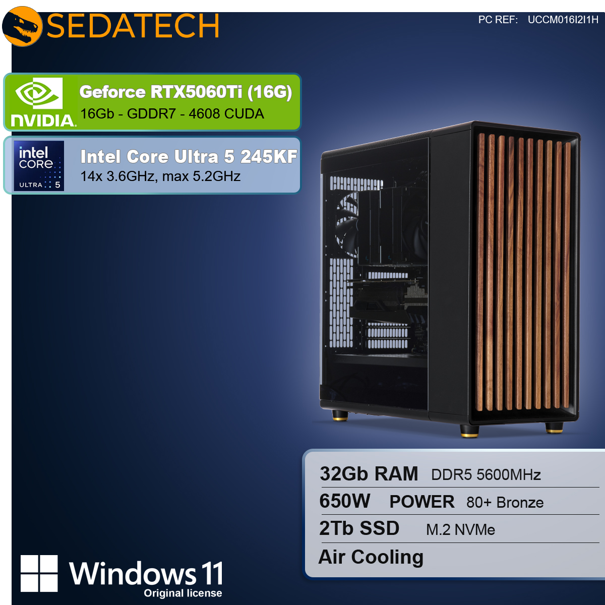Ein Computergehäuse mit Holzakzenten. Die Spezifikationen umfassen RTX5060Ti, Intel Core Ultra 5, 32 GB RAM, 2 TB SSD und Windows 11.