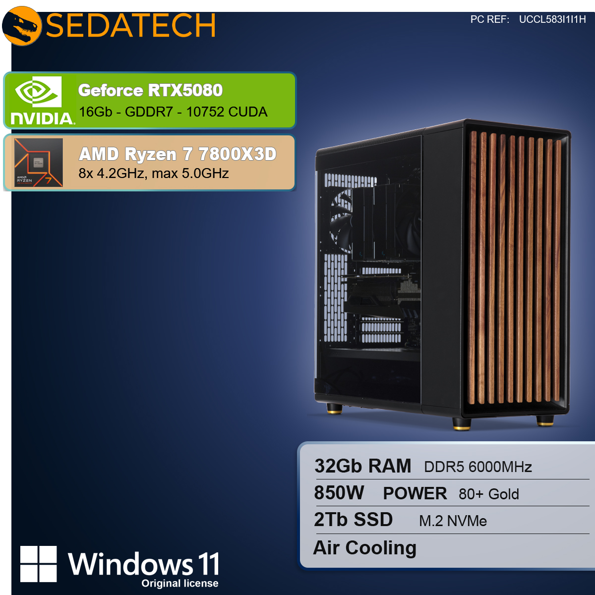 Viene visualizzato un case per computer con pannelli in legno. Le specifiche includono una RTX5080, Ryzen 7, 32 GB di RAM, 2 TB di SSD e Windows 11.