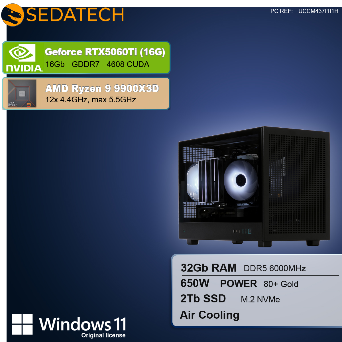 Pokazano obudowę komputera z komponentami. Specyfikacje obejmują GeForce RTX5060Ti, AMD Ryzen 9, 32 GB RAM, 2 TB SSD i Windows 11.