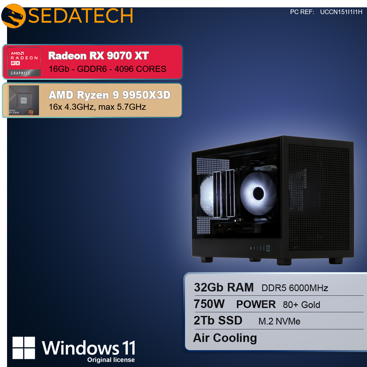 Viene visualizzato un case per computer con componenti interni. Il testo descrive Radeon RX 9070 XT, AMD Ryzen 9 9950X3D e altre specifiche.