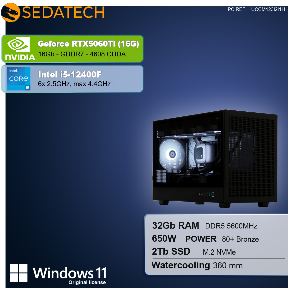 Obudowa komputera z komponentami: RTX5060Ti, i5, 32GB RAM, zasilacz 650W, Windows 11.