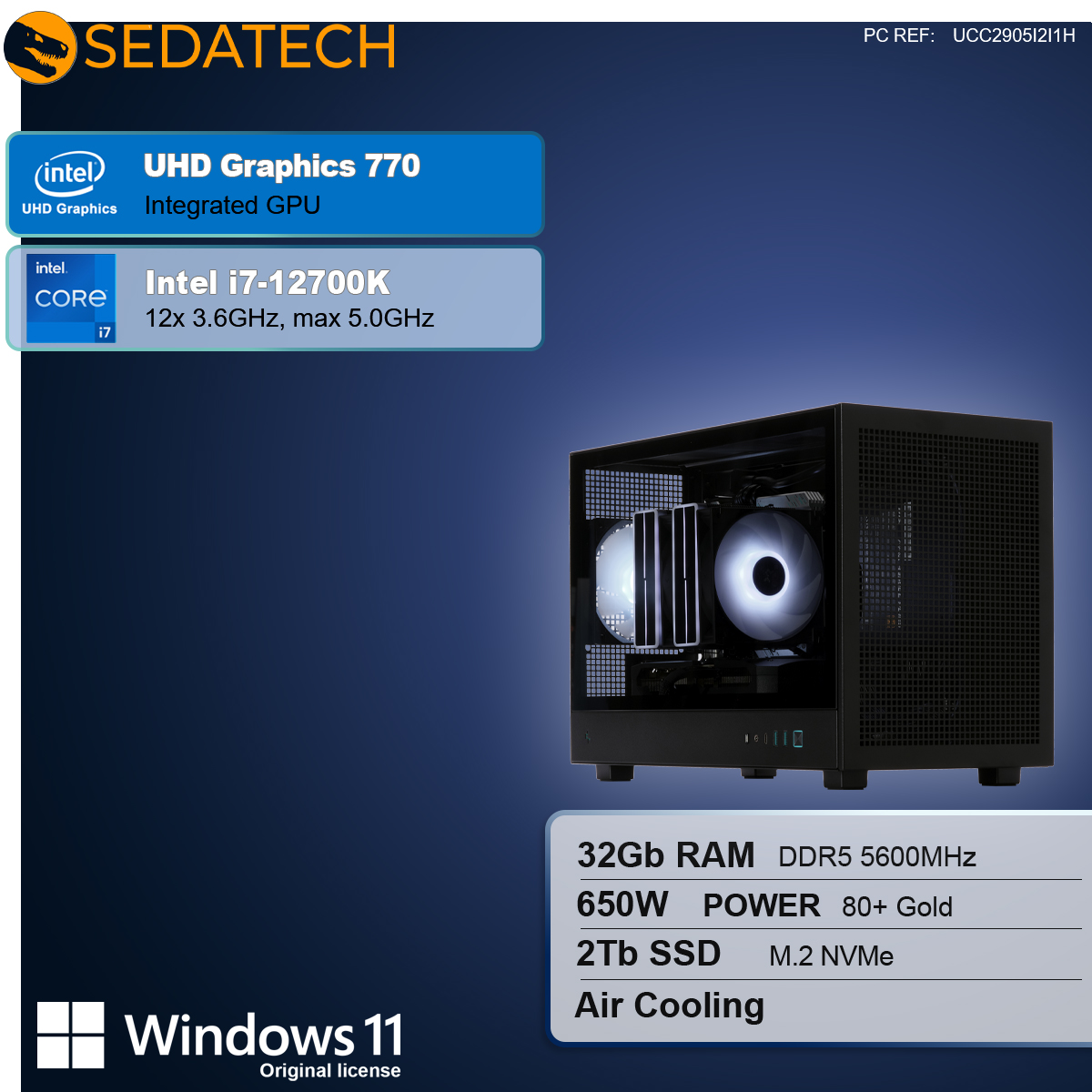 Czarna obudowa komputera z podświetlonymi komponentami w środku. Tekst zawiera specyfikacje, logo Windows 11 i informacje o grafice/procesorze Intel.
