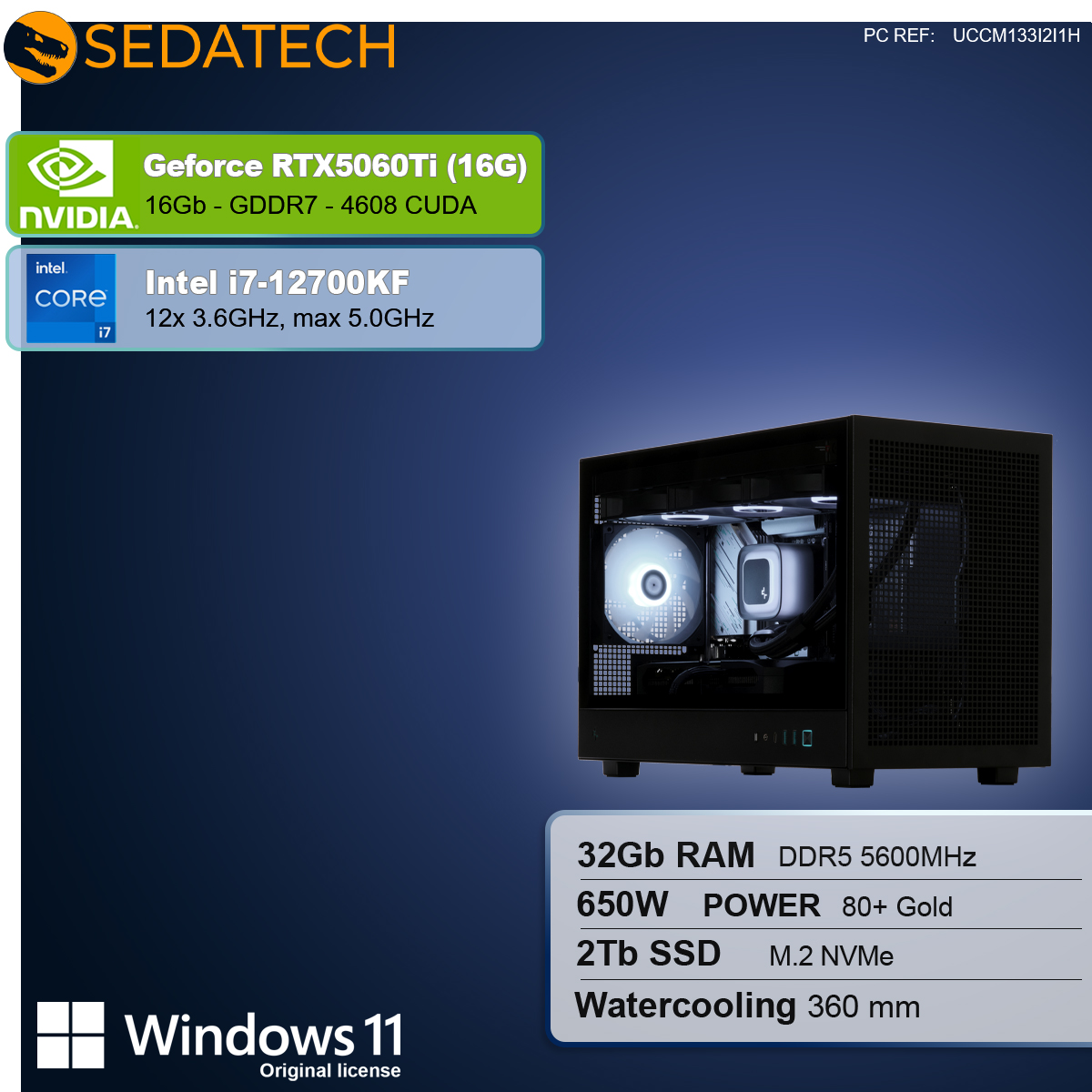 Un case per computer con componenti interni. I pannelli informativi mostrano le specifiche della scheda grafica, della CPU, della RAM, dell'SSD e dell'alimentatore.