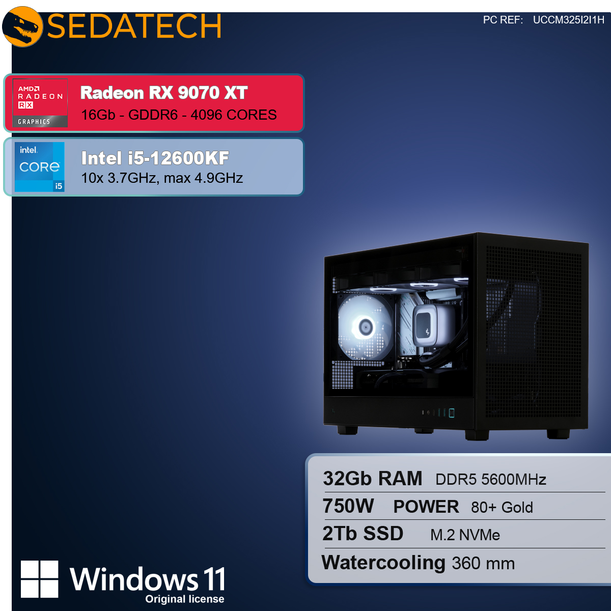 Pokazano obudowę komputera ze składnikami. Specyfikacje obejmują Radeon RX 9070 XT, Intel i5, 32 GB RAM, 2 TB SSD i Windows 11.