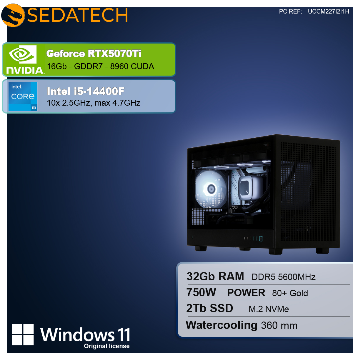 Czarna obudowa komputera z komponentami. Tekst wyświetla specyfikacje: RTX5070Ti, Intel i5, 32 GB RAM, 2 TB SSD. Logo Windows 11.