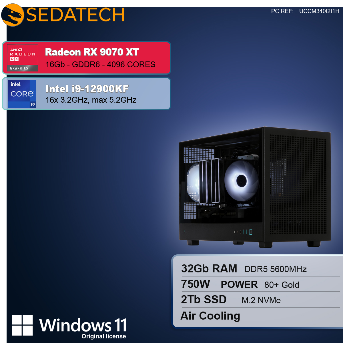 Obraz obudowy komputera z etykietami Radeon RX 9070 XT, Intel i9-12900KF, 32GB RAM, 750W, 2TB SSD i Windows 11.