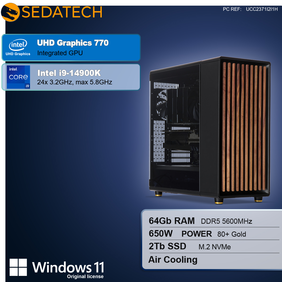Ein Computergehäuse mit Holzakzenten. Zu den Spezifikationen gehören Intel i9, 64 GB RAM, 2 TB SSD und Windows 11. Der Hintergrund ist blau.