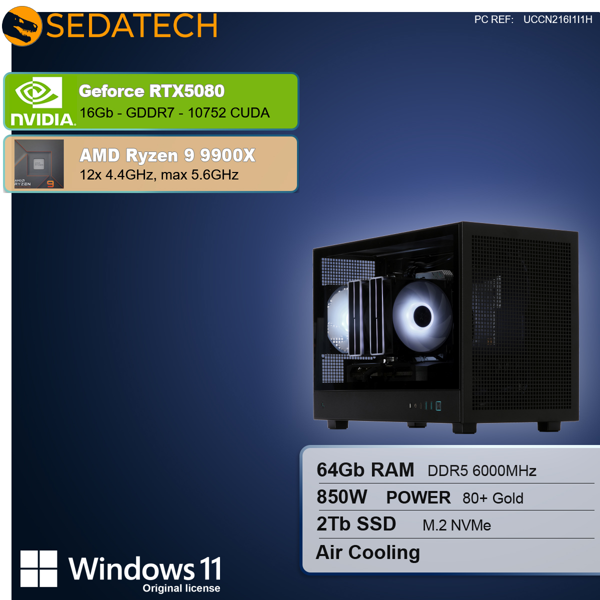 Un case per computer con componenti: RTX5080, Ryzen 9, 64GB RAM, alimentatore 850W, SSD 2TB, raffreddamento ad aria e Windows 11.