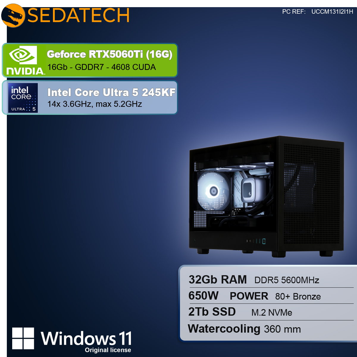 Pokazano obudowę komputera ze składnikami. Specyfikacje obejmują GeForce RTX, Intel Core, 32 GB RAM, zasilacz 650W, 2 TB SSD i chłodzenie wodne.