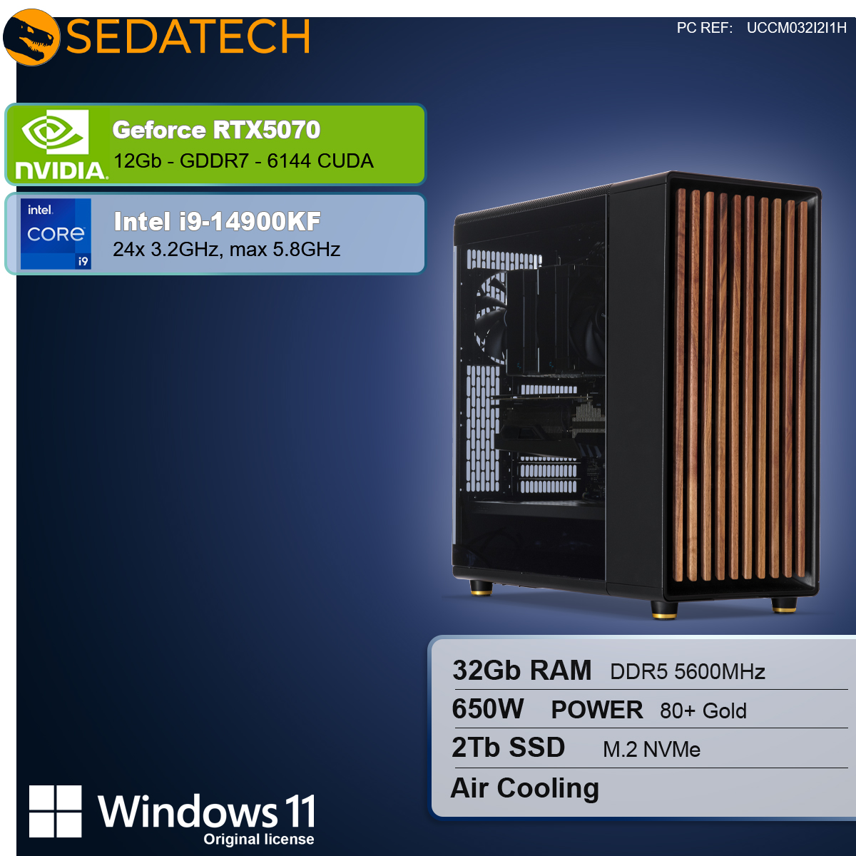 Un case per computer con dettagli in legno. Le specifiche includono RTX5070, i9-14900KF, 32GB RAM, 2TB SSD e Windows 11.