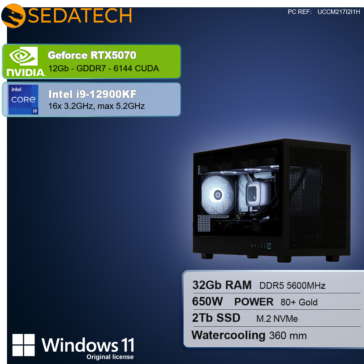 Un case per computer con componenti visibili, tra cui una scheda grafica, un processore, RAM, SSD e sistema di raffreddamento a liquido, con etichette e specifiche.