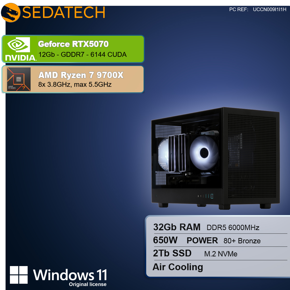 Viene mostrato un case per computer con componenti. Le specifiche includono RTX5070, Ryzen 7 9700X, 32 GB di RAM, 650 W, SSD da 2 TB e Windows 11.