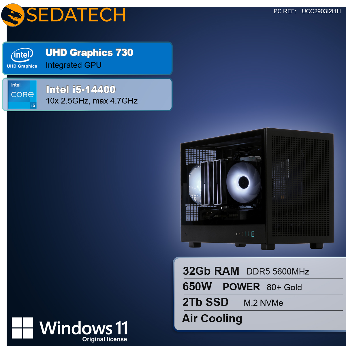 Obudowa komputera z komponentami wewnętrznymi. Wymieniono specyfikacje grafiki i procesora Intel. Obecne logo Windows 11, ze szczegółami systemu.