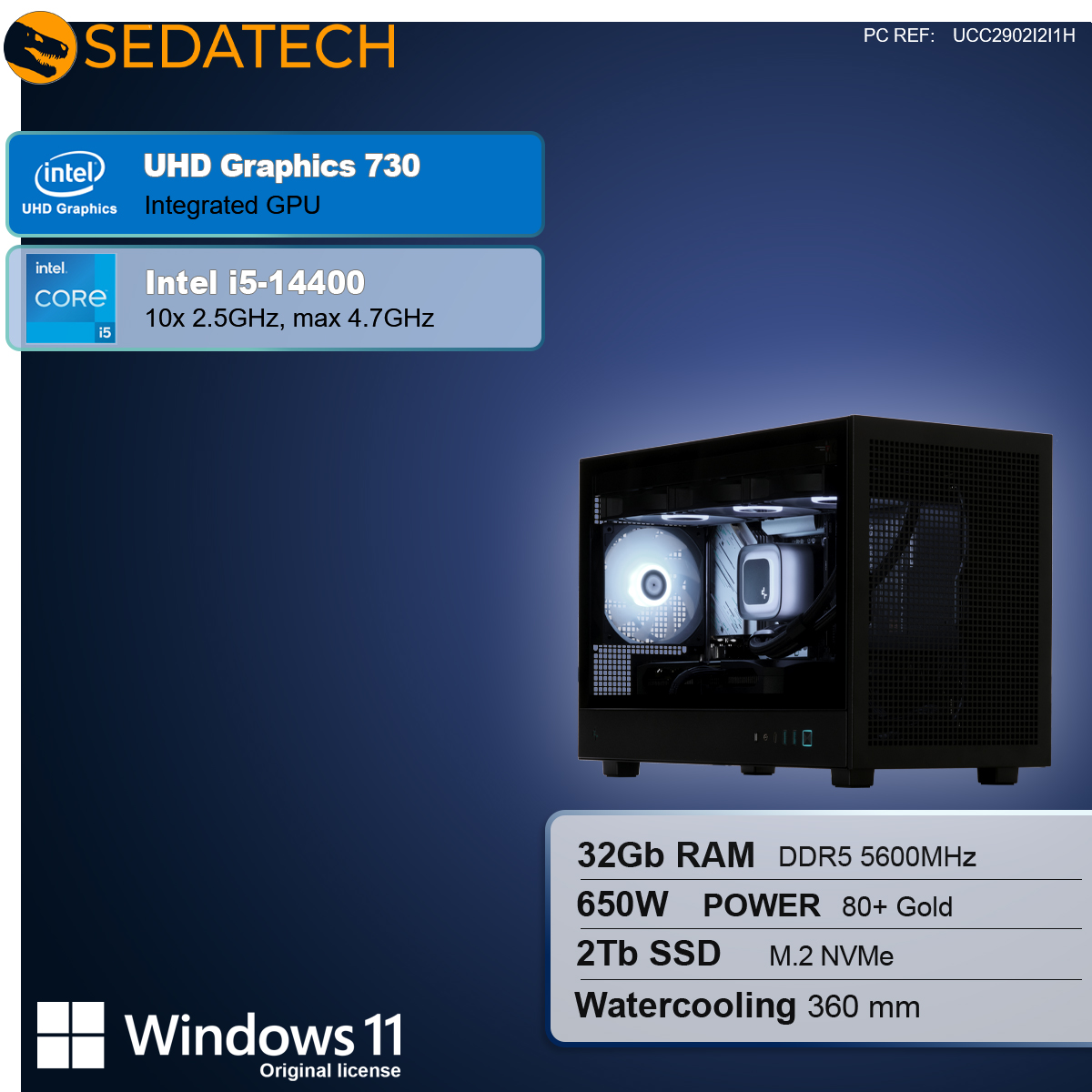 Wyświetlany jest obudowa komputera z podświetlonymi na biało komponentami wewnętrznymi. Specyfikacje obejmują Intel i5, 32 GB RAM i 2 TB SSD. Obecne jest logo Windows 11.