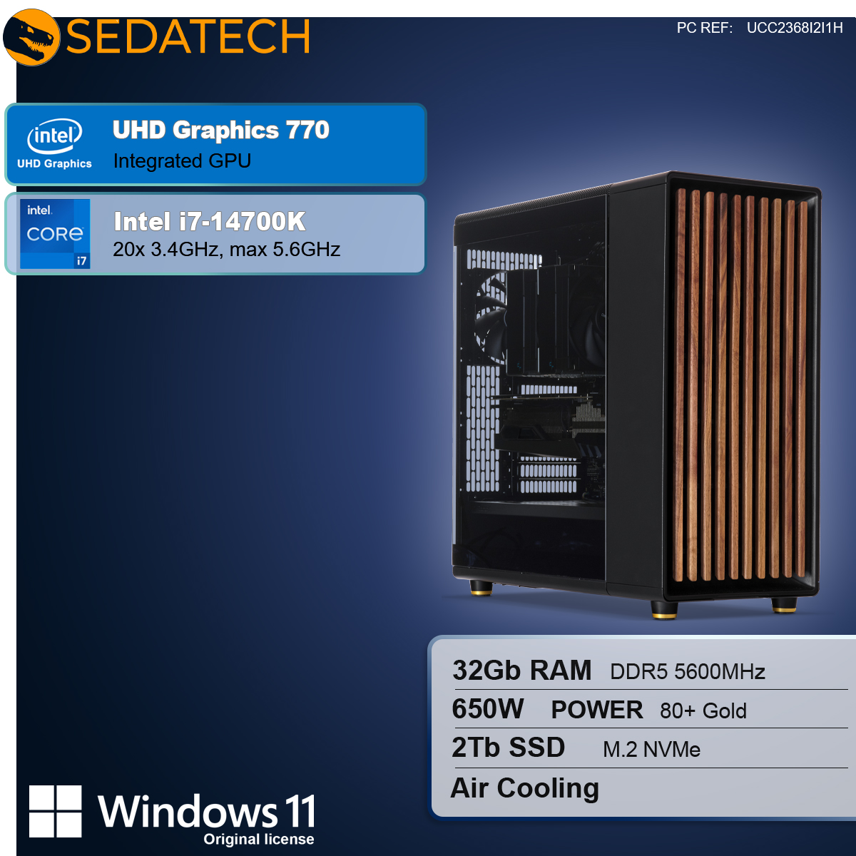 Obudowa komputera z drewnianymi akcentami. Widoczne również Intel Core i7, 32 GB RAM, 2 TB SSD i Windows 11.