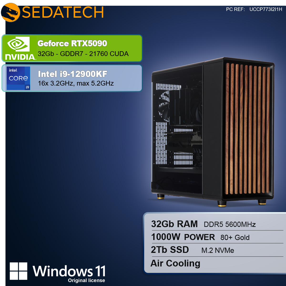 Un case per computer con dettagli in legno. Le specifiche includono RTX5090, processore i9, 32GB RAM, alimentazione 1000W, SSD 2TB e Windows 11.