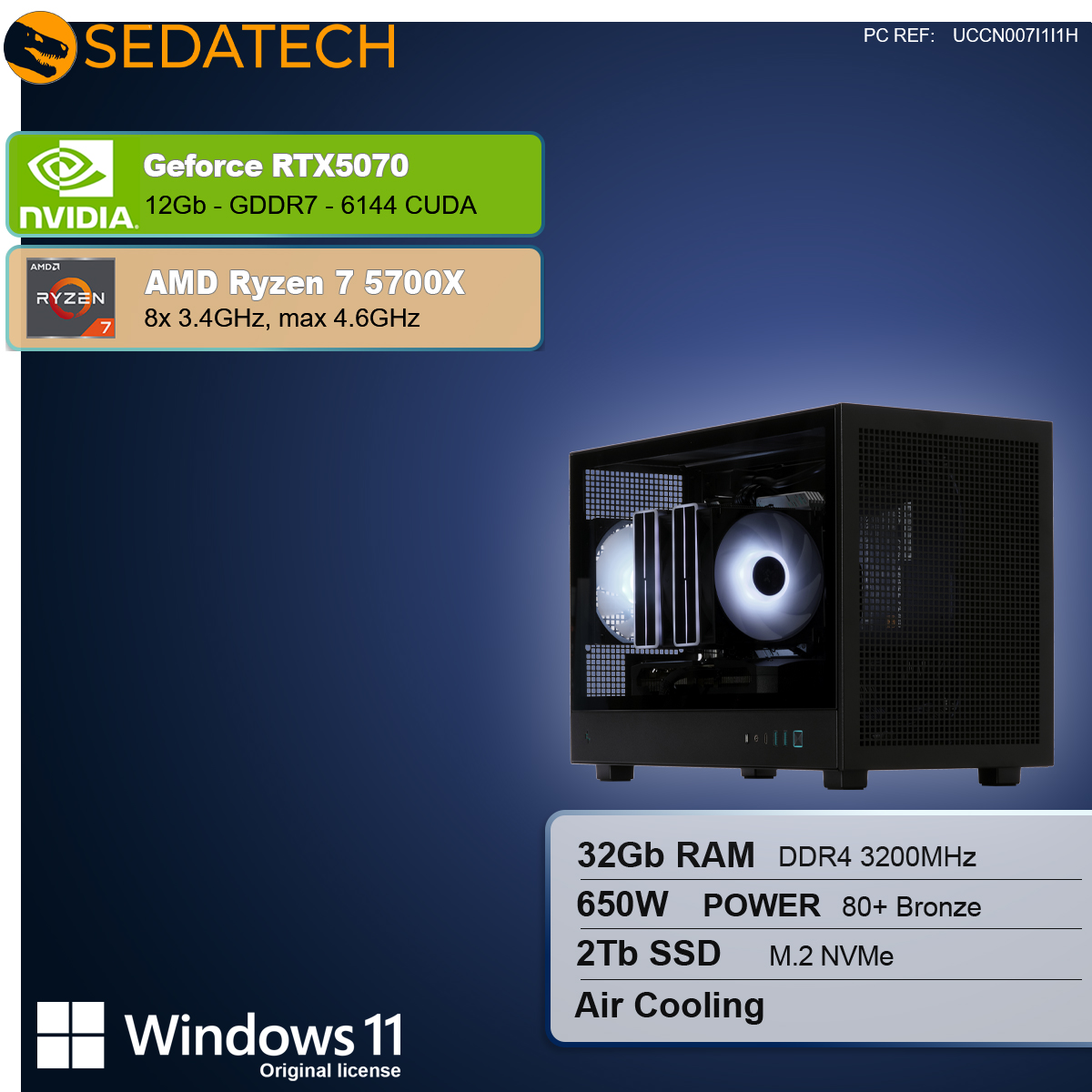 Obudowa komputera z widocznymi komponentami, w tym kartą graficzną, procesorem, pamięcią RAM, dyskiem SSD i chłodzeniem powietrzem, z systemem Windows 11.