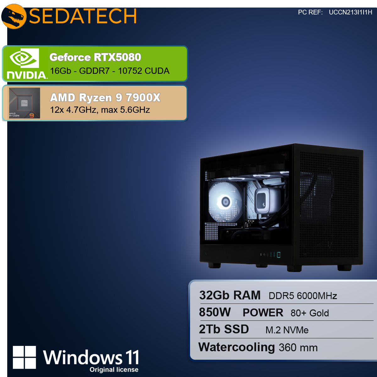 Czarna obudowa komputera z komponentami. Tekst wyświetla specyfikacje: RTX5080, Ryzen 9 7900X, 32 GB RAM, zasilacz 850 W, dysk 2 TB SSD i Windows 11.