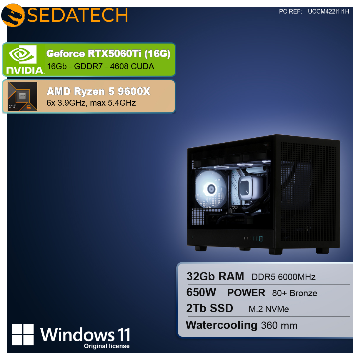 Un case per computer con componenti interni. I pannelli informativi mostrano le specifiche: RTX 5060Ti, Ryzen 5 9600X, 32GB RAM, 2TB SSD e Windows 11.