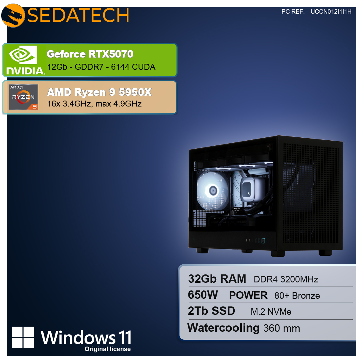 Case di computer nero con componenti visibili, tra cui una ventola. Specifiche: RTX5070, Ryzen 9, 32GB RAM, 650W, 2TB SSD, raffreddamento a liquido.