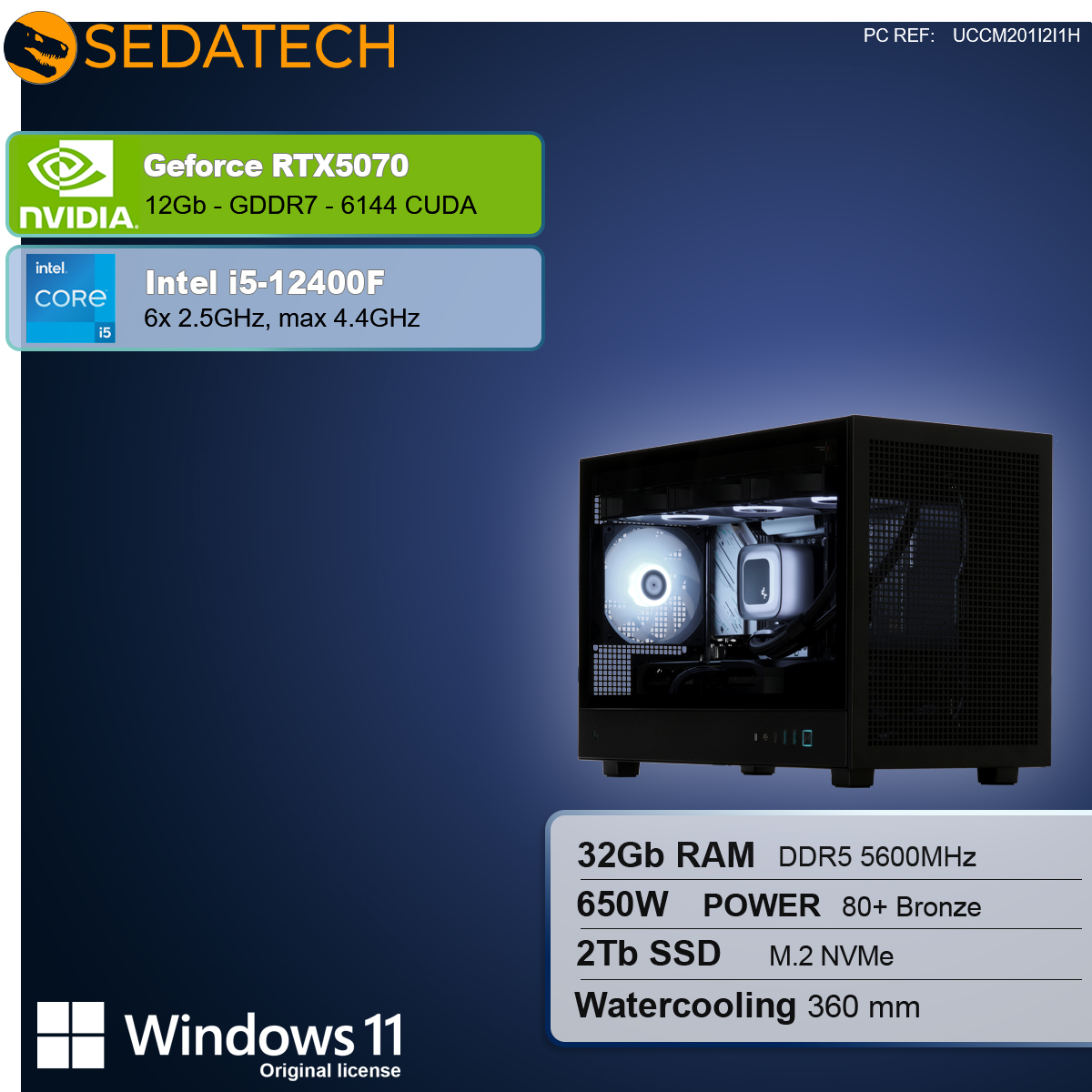 Czarna obudowa komputera z podświetlonymi komponentami w środku. Specyfikacje: RTX 5070, Intel i5, 32GB RAM, 2TB SSD i Windows 11.