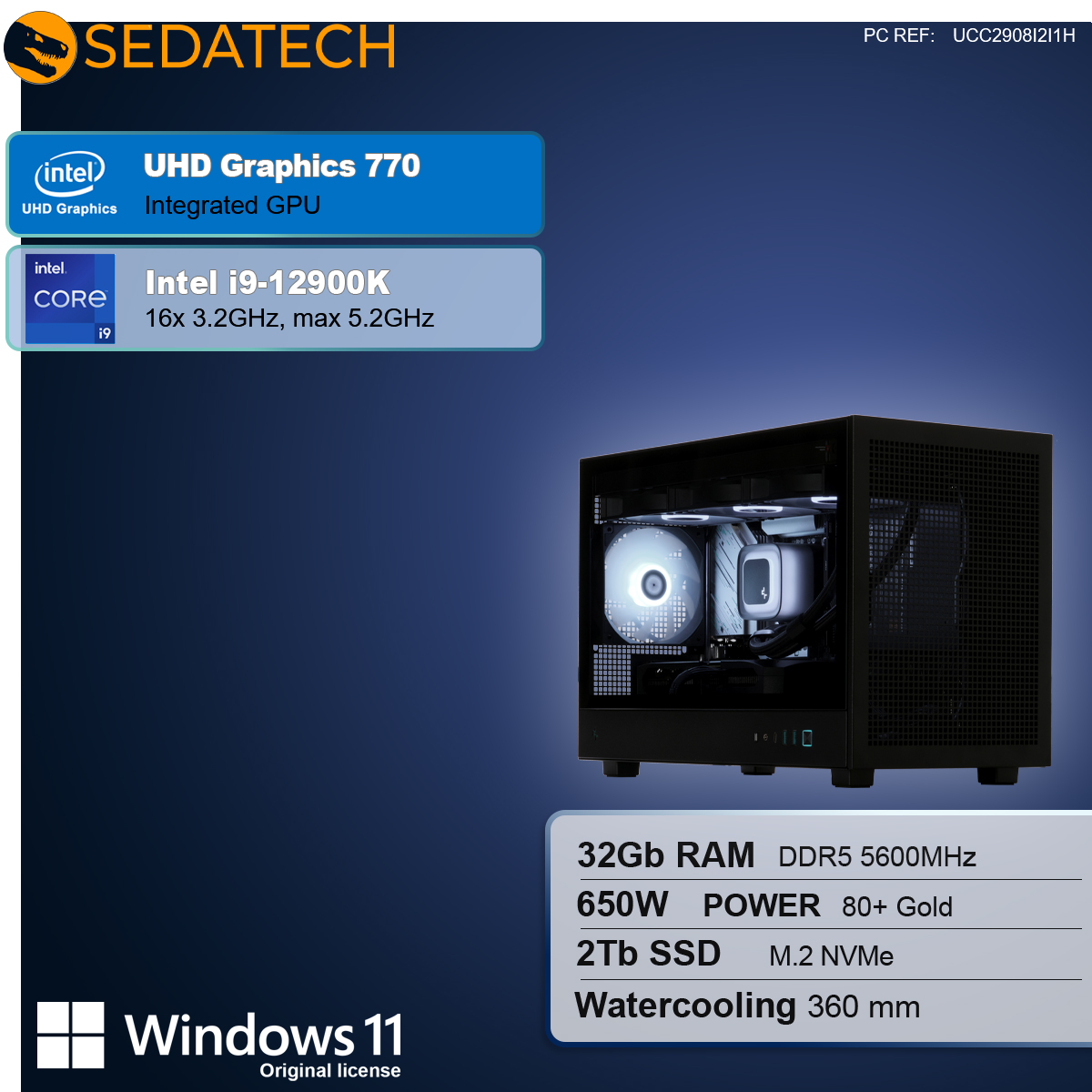Obudowa komputera znajduje się na środku. Powyżej znajdują się logo Intel i Windows 11. Specyfikacje obejmują pamięć RAM, dysk SSD i chłodzenie wodne.