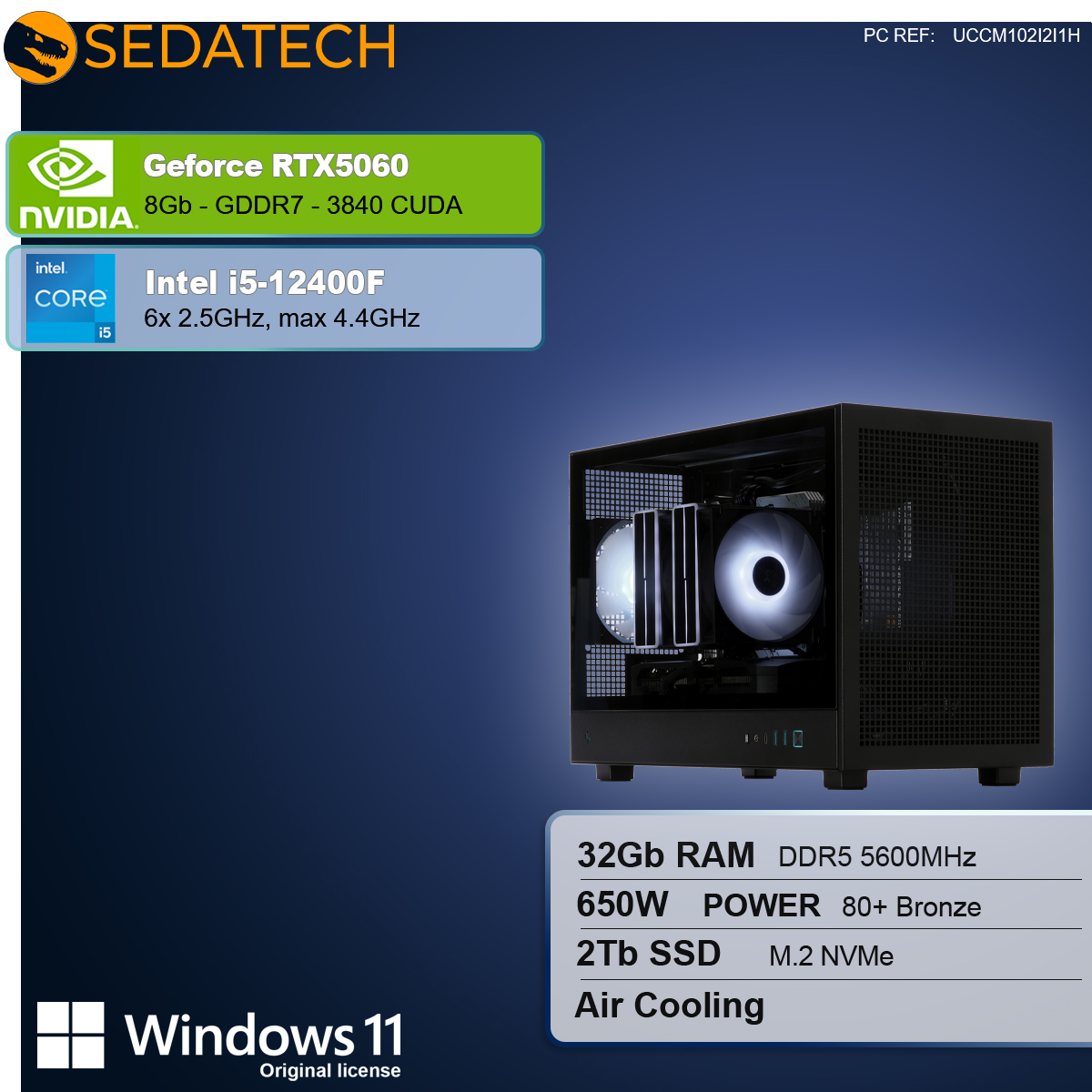 Case PC nero con componenti. Le specifiche includono RTX5060, Intel i5, 32GB RAM, alimentatore 650W e SSD 2TB.