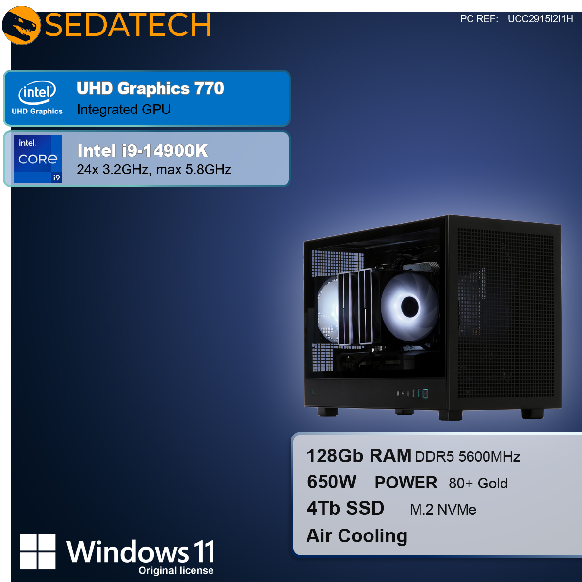 Case PC nero con componenti. Include processore Intel i9, 128 GB RAM, 4 TB SSD e Windows 11. Sistema di raffreddamento ad aria.