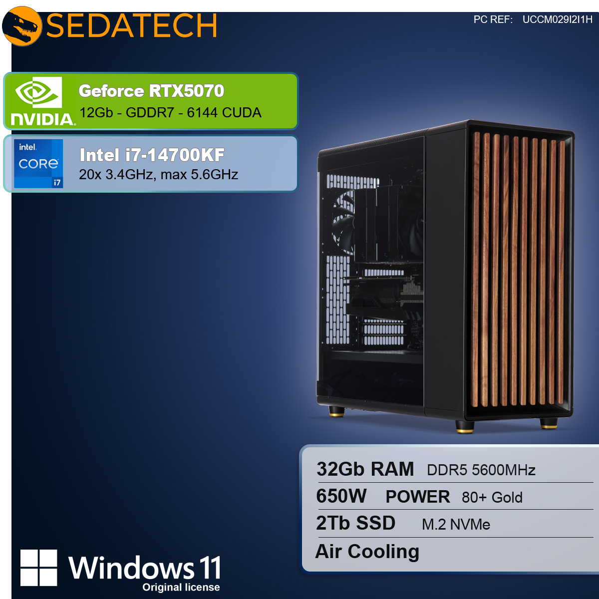 Un case per computer con pannelli frontali in legno. Le specifiche includono GeForce RTX5070, Intel i7, 32 GB di RAM, 2 TB di SSD e Windows 11.