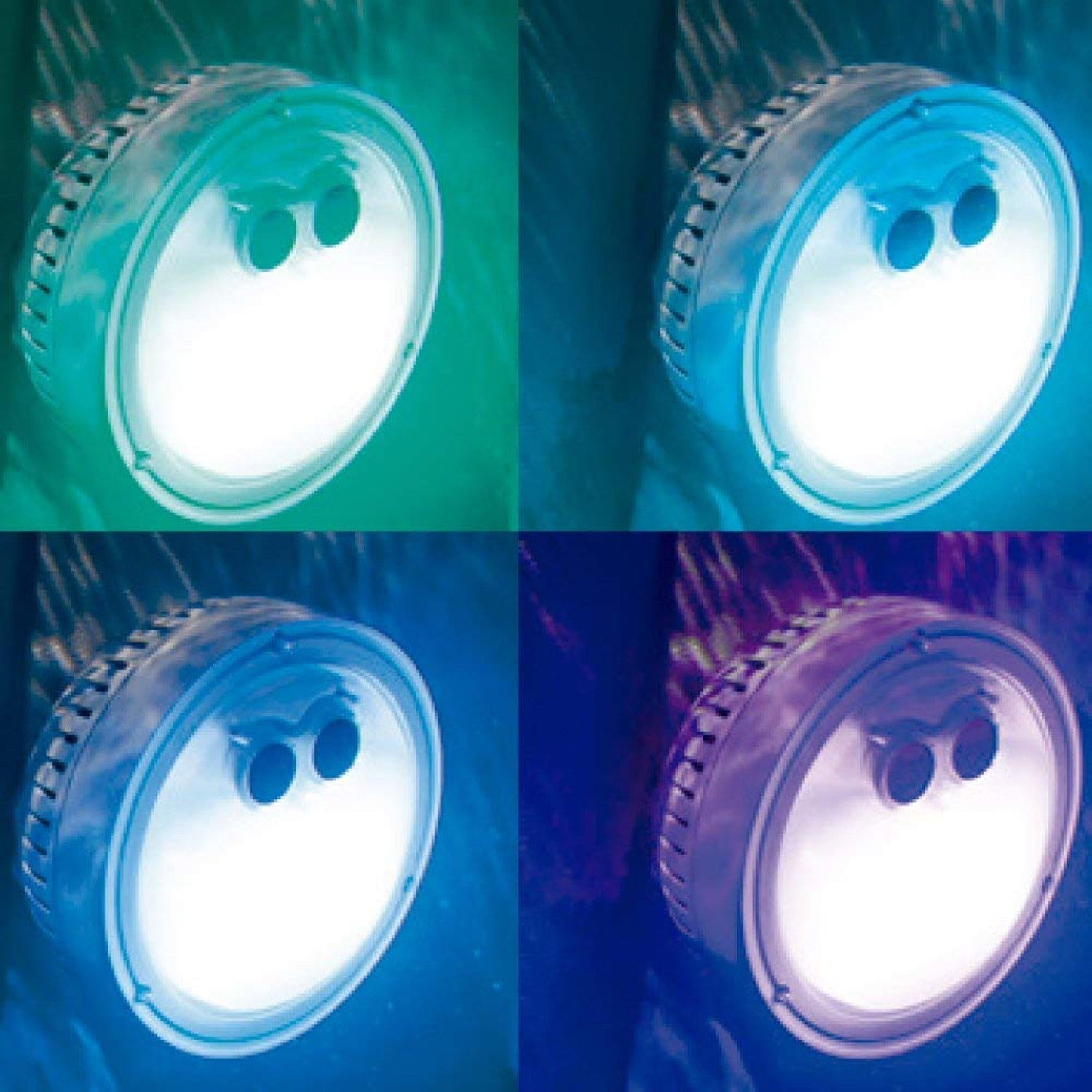 Cuatro luces circulares con dos agujeros cada una, en tonos azules y verdes. El fondo es un degradado de azules y verdes más oscuros.