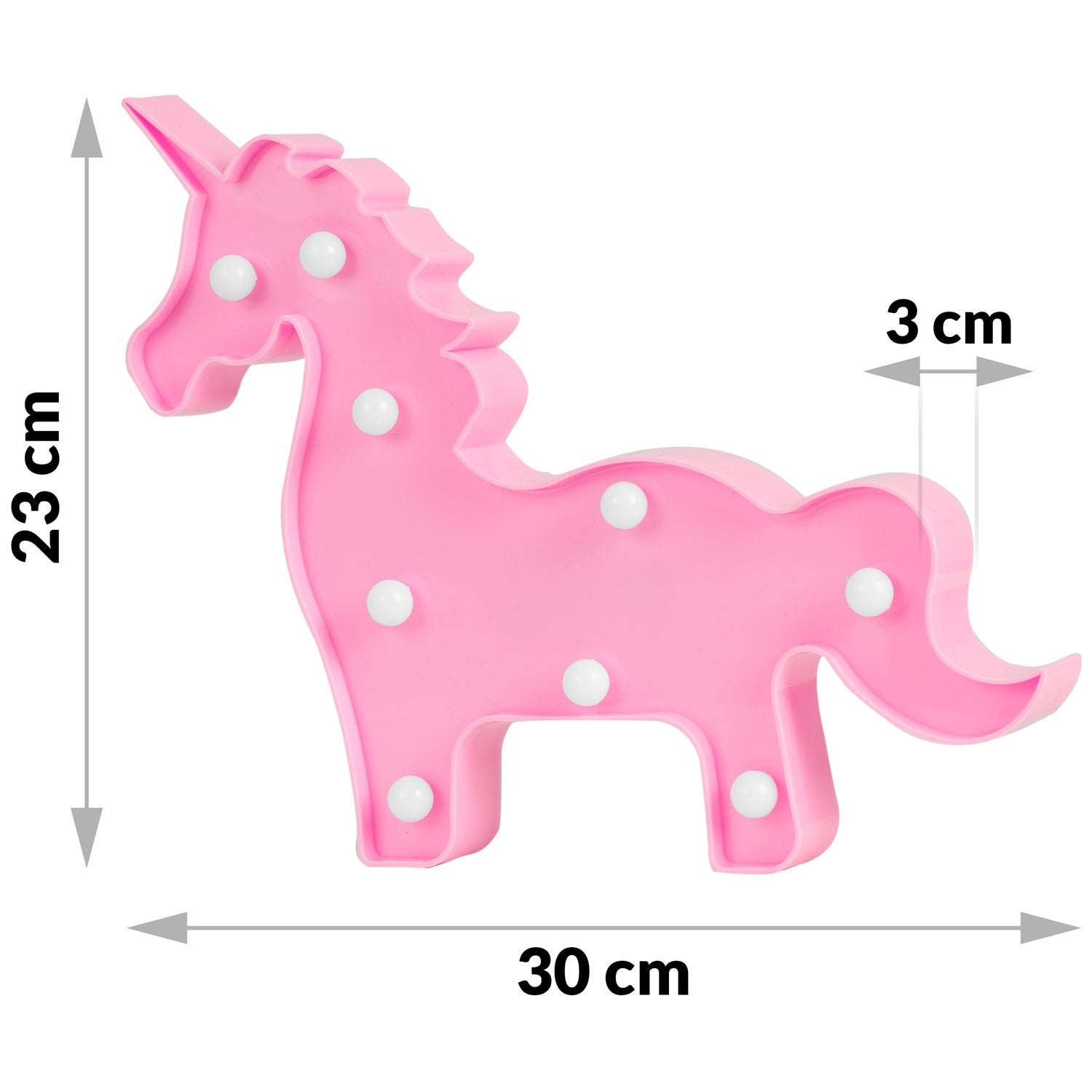 Una luz rosa en forma de unicornio con bombillas blancas, 23 cm de alto y 30 cm de ancho. Tiene 3 cm de grosor.