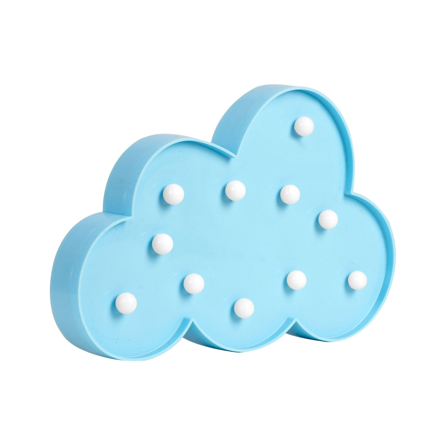 Una luz azul en forma de nube con bombillas blancas. Está sobre un fondo blanco.
