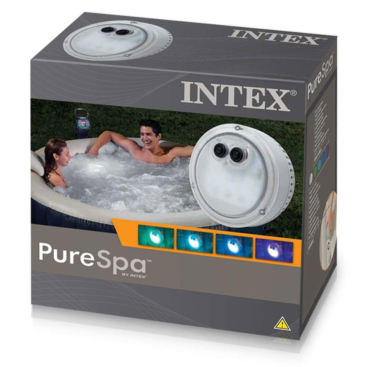 La caja muestra un PureSpa. Una pareja está en el spa. Tiene luces de colores. La marca es Intex.
