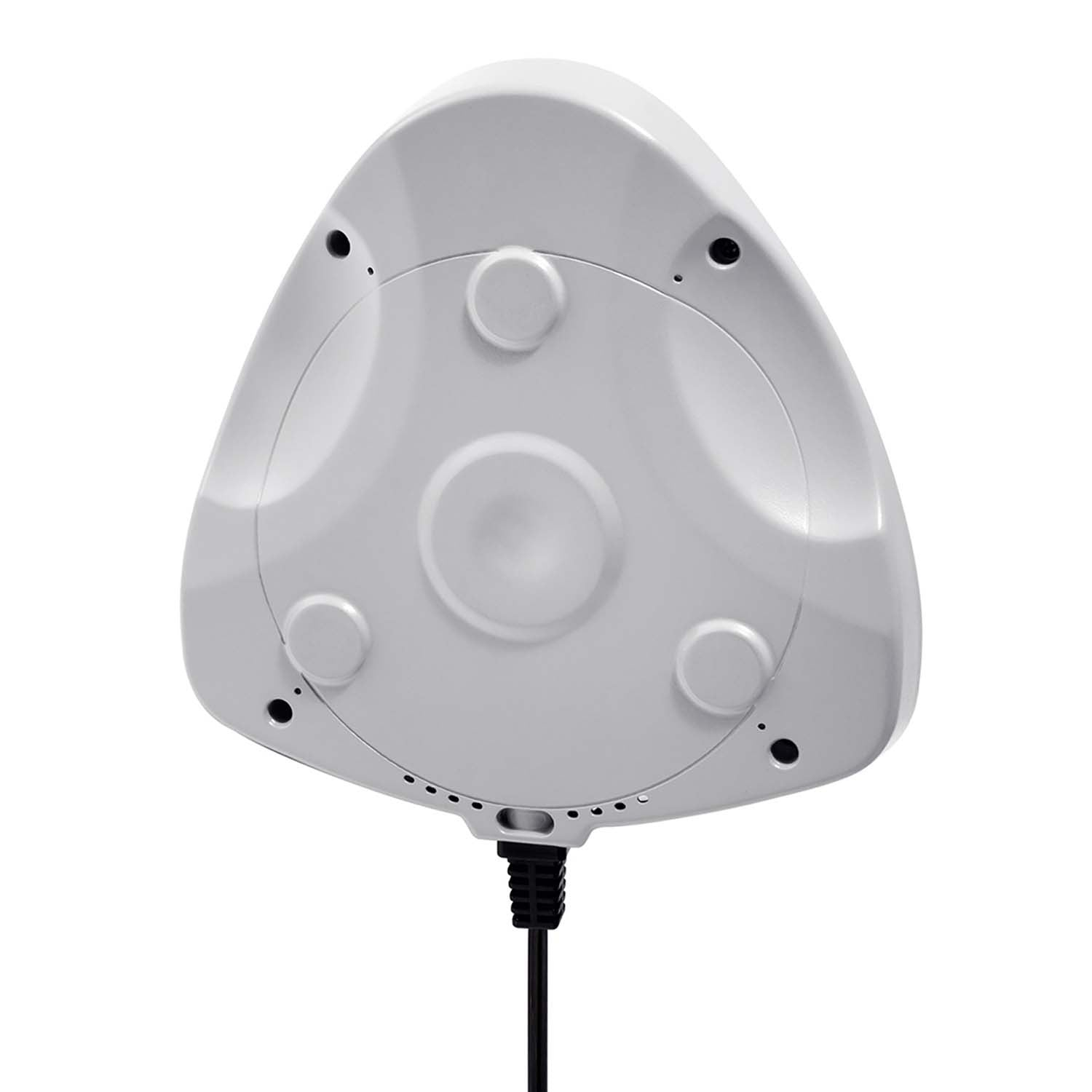 Un dispositivo blanco triangular con bordes redondeados, con hendiduras circulares y un cable de alimentación negro.