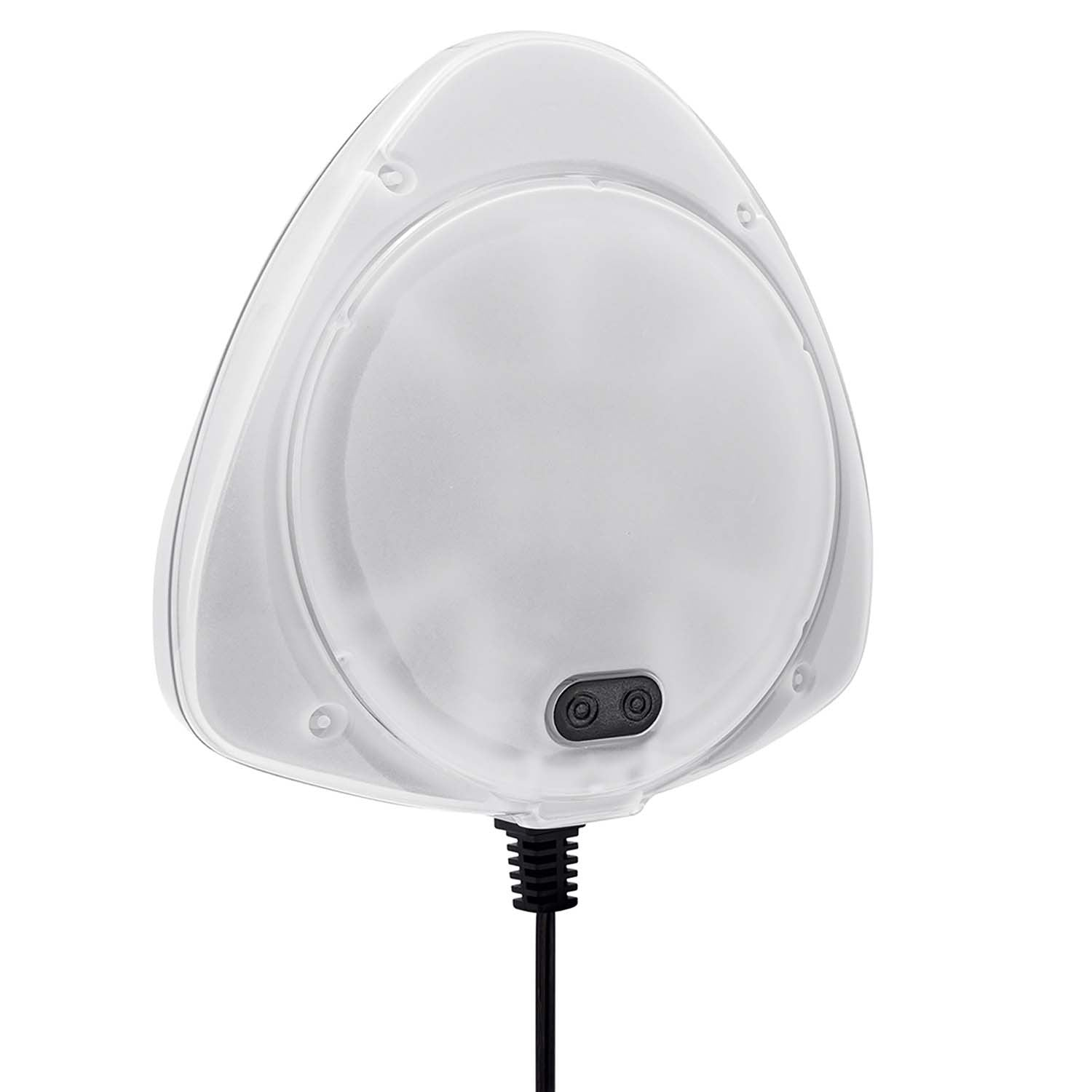 Un dispositivo blanco, de forma triangular, con un centro circular y dos botones negros. Tiene un cable negro en la parte inferior.