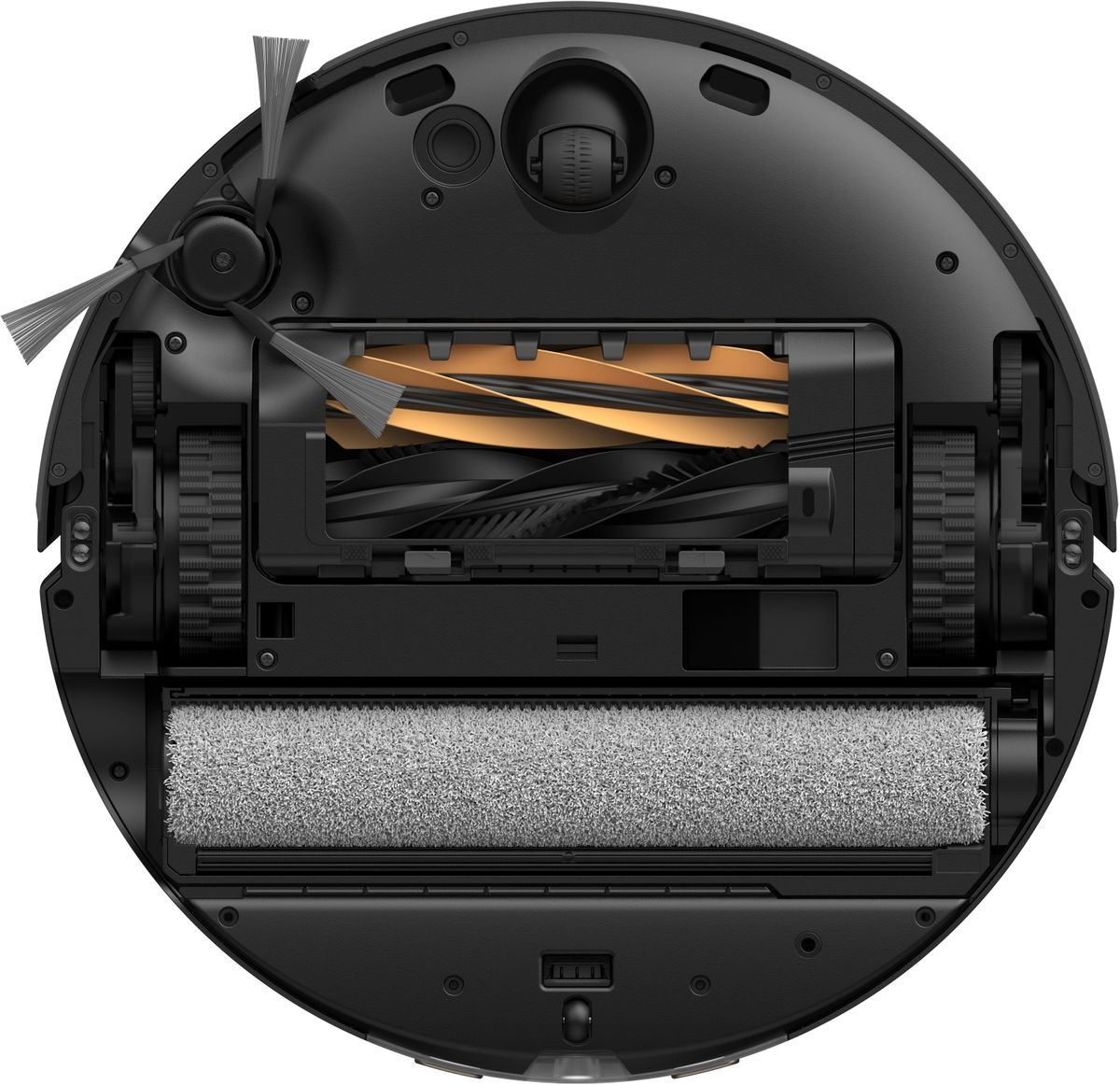 Zbliżenie czarnego robota odkurzającego. Ukazuje wewnętrzne elementy, takie jak szczotki, wałki i pojemnik na kurz.