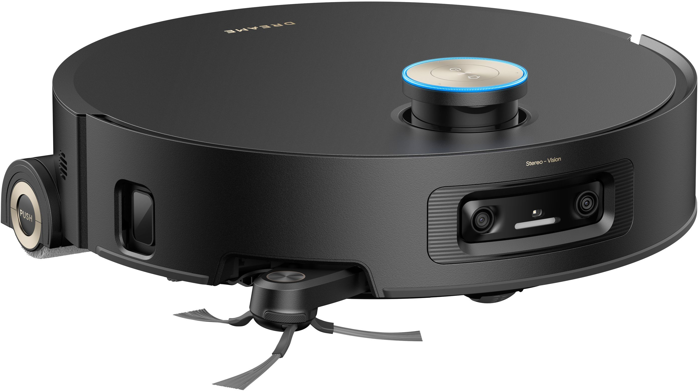 Czarny robot sprzątający z okrągłym korpusem, szczotką i centralną wieżą z niebieskim światłem.