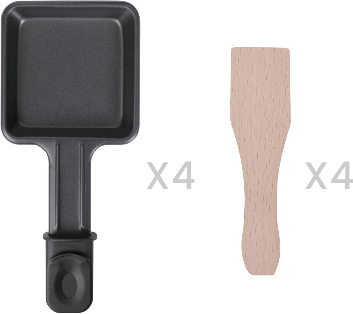 Wyświetlono patelnię do raclette i cztery drewniane szpatułki. Patelnia jest czarna, a szpatułki jasnobrązowe. Ilość jest wskazana.