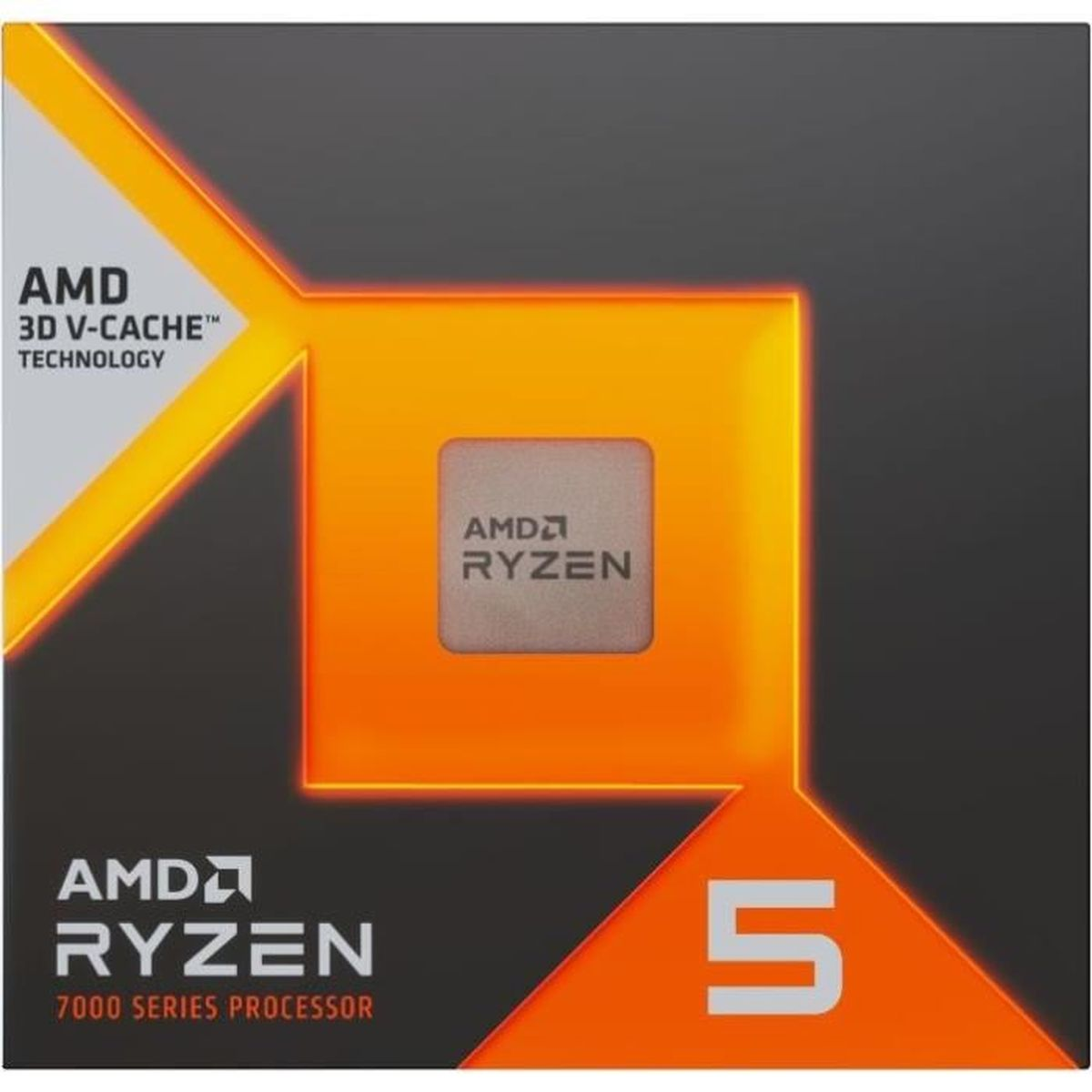 Pudełko procesora AMD Ryzen 5. Pomarańczowo-szary design z informacjami Ryzen i serii. Numer 5 na dole po prawej.