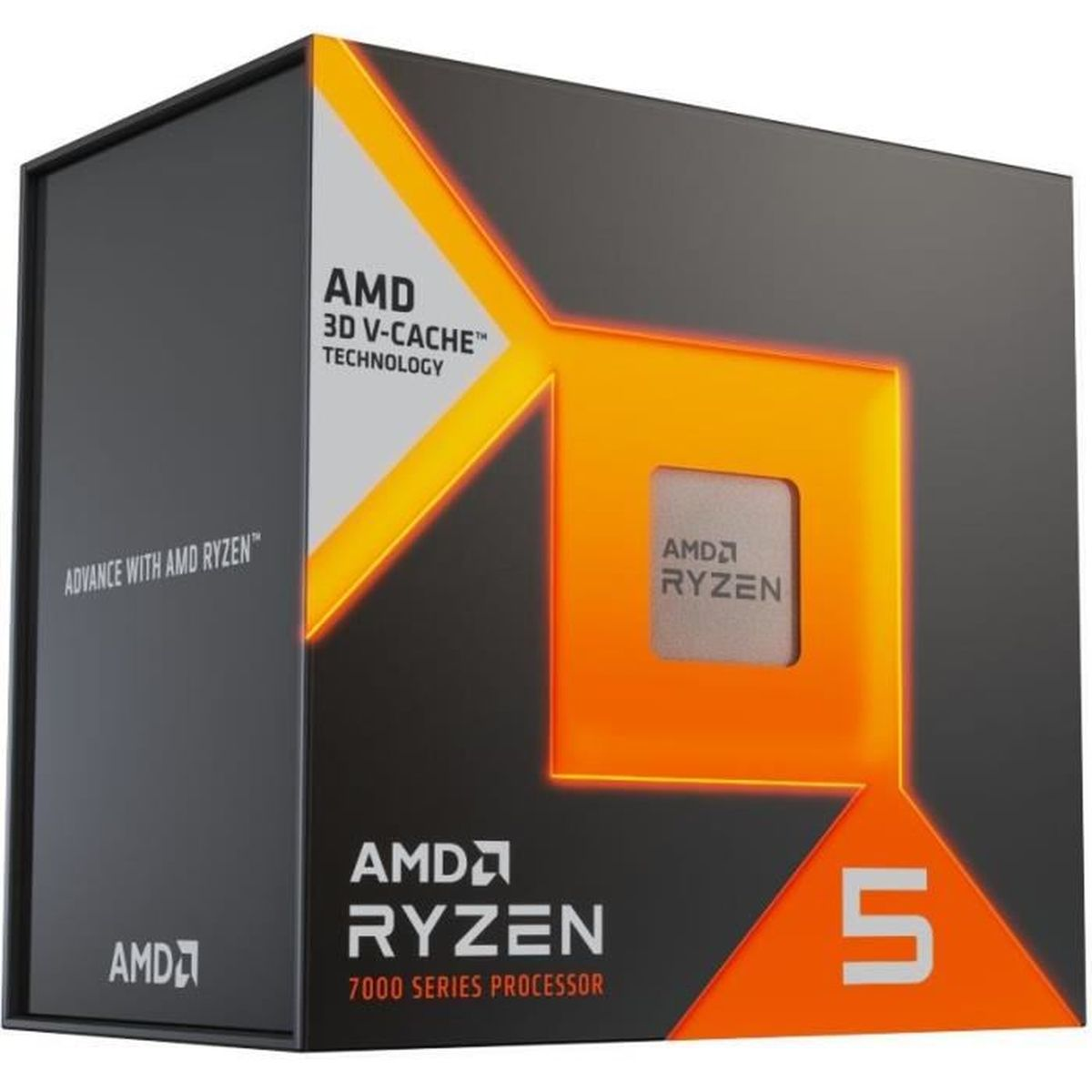 Pudełko procesora AMD Ryzen 5. Czarne pudełko z pomarańczowymi akcentami. Tekst zawiera 'AMD Ryzen 7000 Series Processor' i '5'.