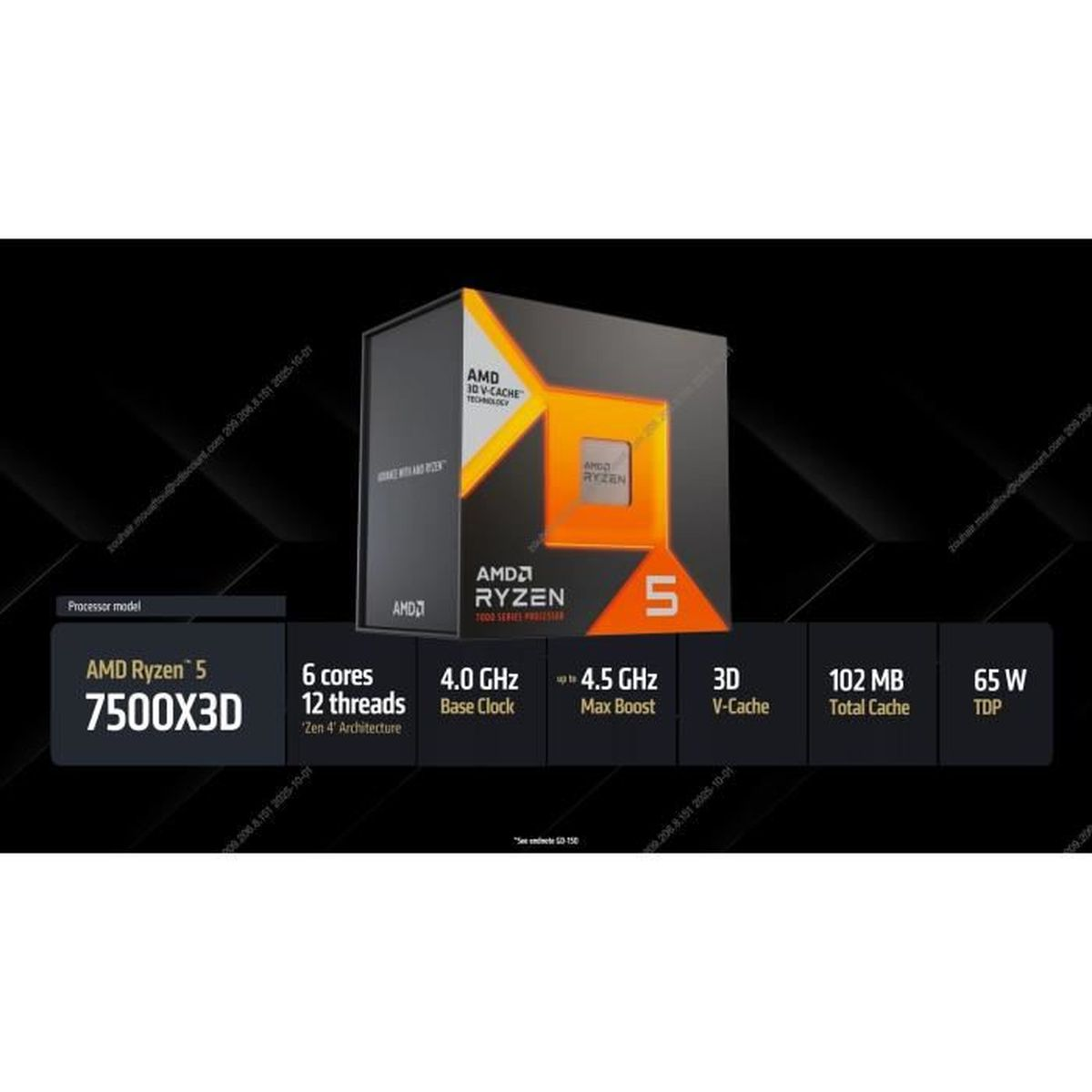 Pudełko procesora AMD Ryzen 5 7500X3D ze specyfikacjami: 6 rdzeni, 4,0 GHz, 4,5 GHz boost, 3D V-Cache, 102 MB pamięci podręcznej i 65W TDP.