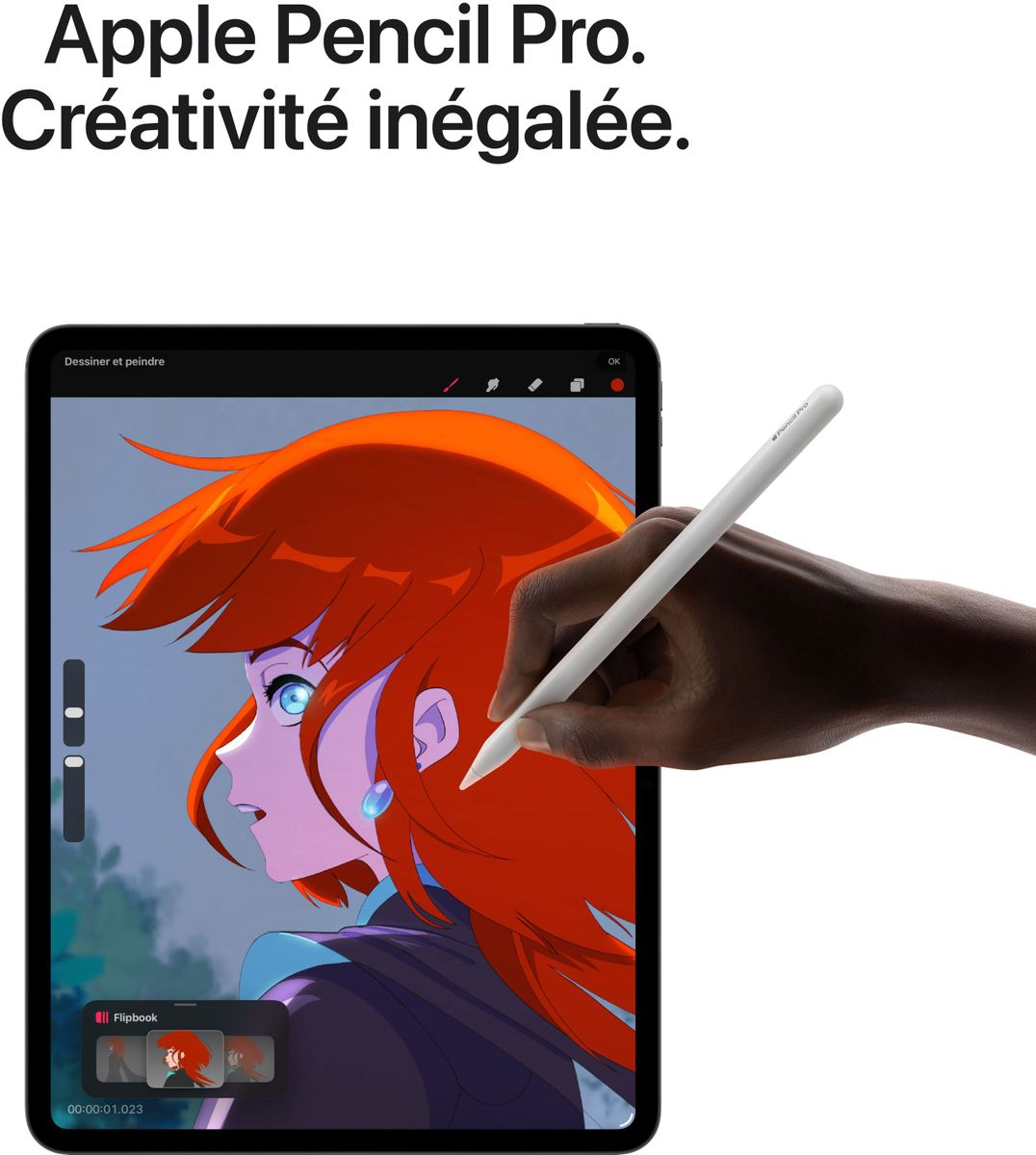 Apple Pencil Pro rysuje na tablecie. Animowana postać z rudymi włosami jest rysowana. Ręka trzyma ołówek.