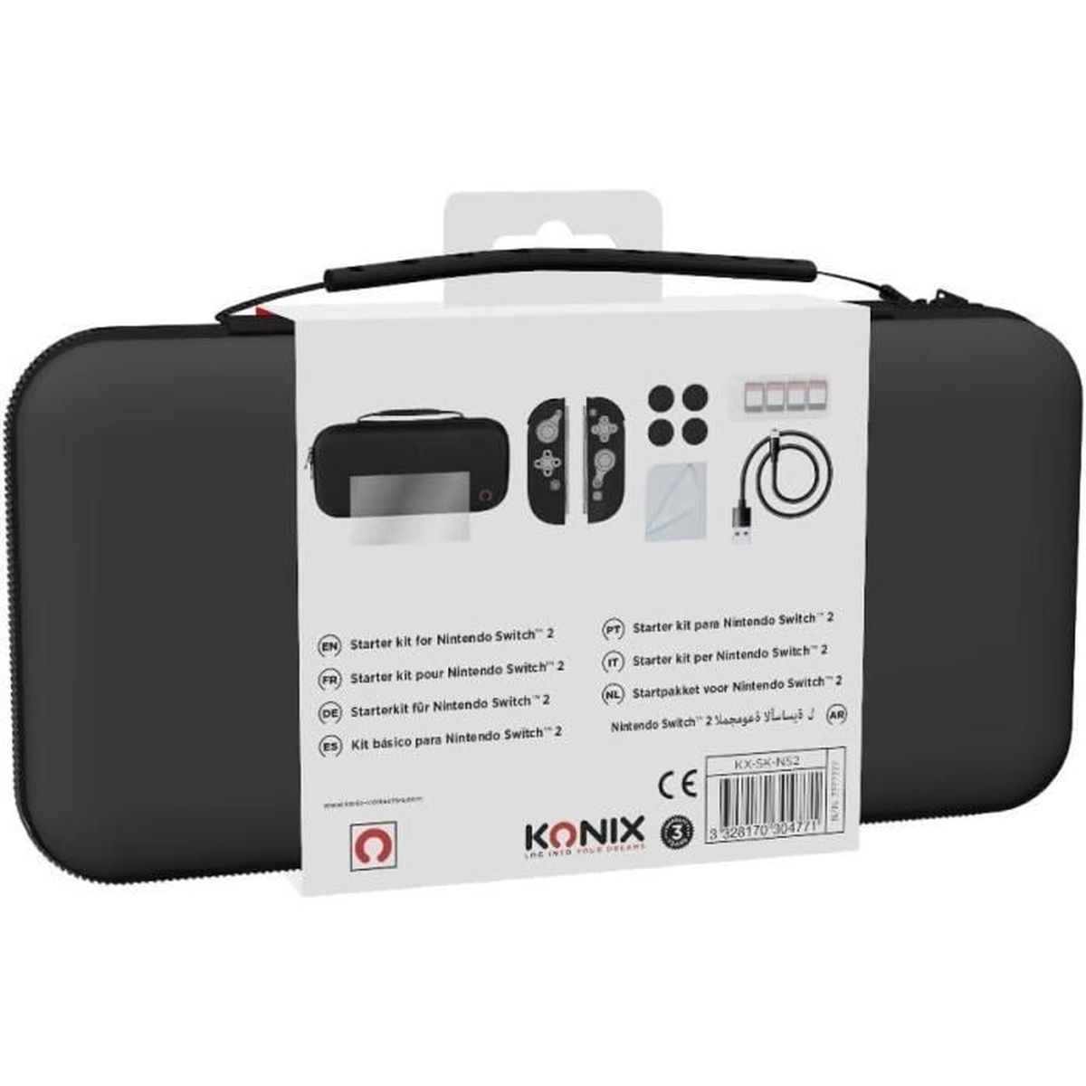 Een zwarte Nintendo Switch startkit. Het pakket bevat accessoires en een zwarte draagtas met handvat.